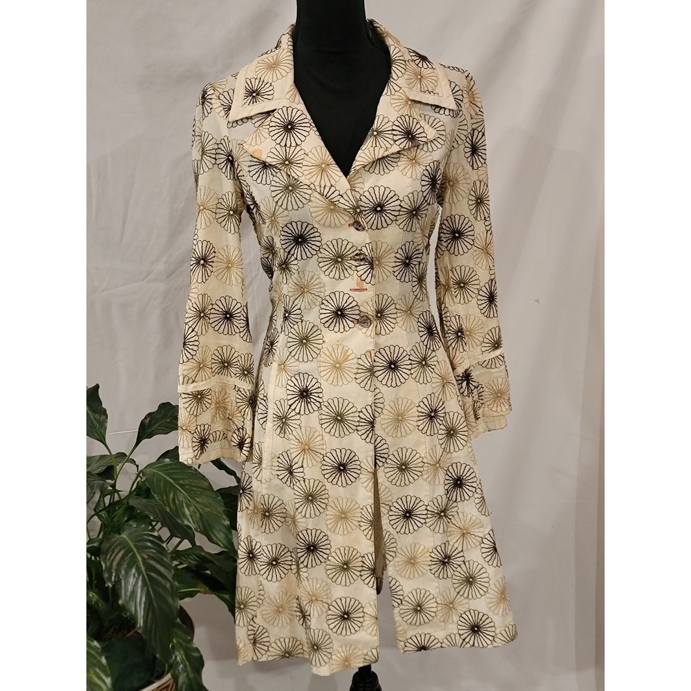 Burning Torch Embroidered Floral Lace Up Back Trench Coat Cream Tan Green Medium